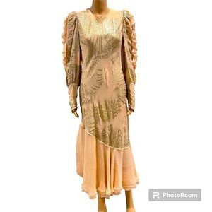 Judy Hornby Couture 1980s Ruffled 100% Silk Peach Dress Bias Cut Vintage Sz 14